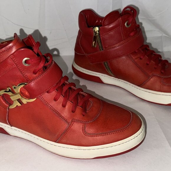 Size: 9.5 Salvatore Ferragamo Nayon High Top Men’s Sneaker Red Rosso Calf ITALY - Picture 10 of 10